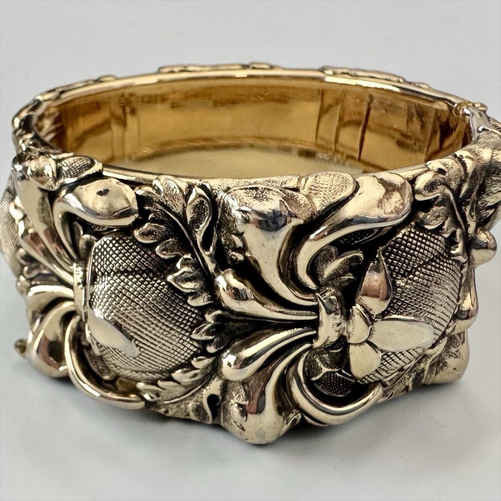 Whiting & Davis Signed Gold Tone Repousse Floral Hinged Cuff Bracelet Vintage